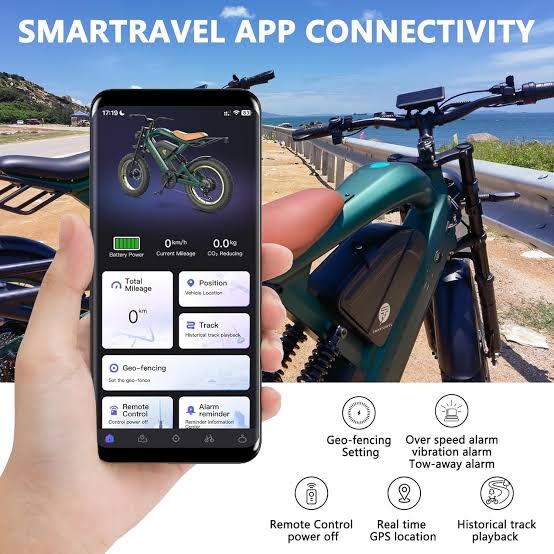 A smartphone app connected to a smart e-bike, offering GPS tracking, geofencing, ride analytics, and remote security controls.