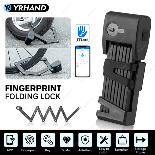 Smart fingerprint folding bike lock with app connectivity, anti-theft protection, and durable security for electric bikes.