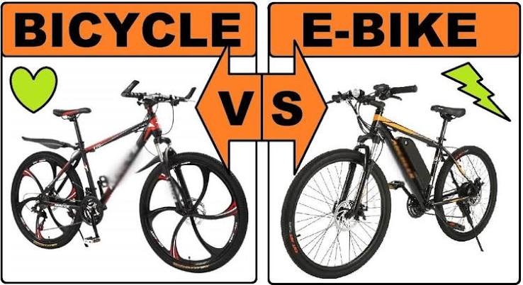 A visual comparison highlighting the key differences between a traditional bicycle and an electric bike in design and functionality.