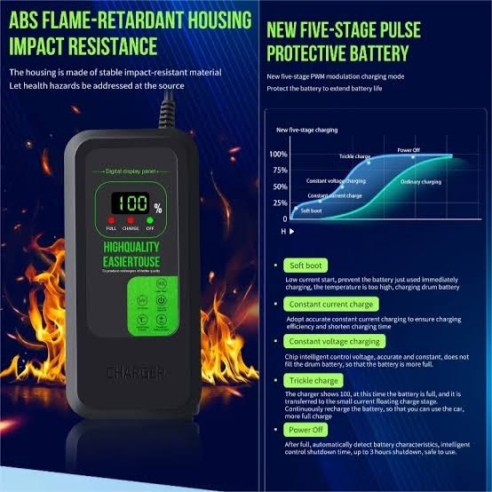 Smart e-bike battery charger featuring ABS flame-retardant housing and a five-stage charging system for safe, efficient battery maintenance