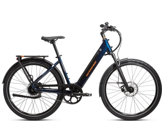 Navy blue commuter e-bike with integrated battery, rear rack, and ergonomic geometry for efficient daily riding.