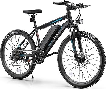 Black electric mountain bike with front suspension, removable battery, and multi-speed drivetrain for trail and recreational riding.