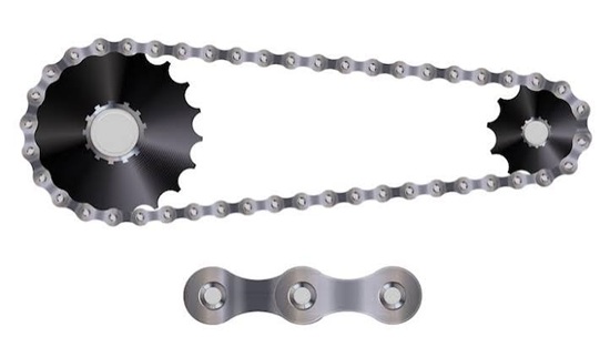 Close-up illustration of a bicycle chain wrapped around two sprockets with a chain link shown below.