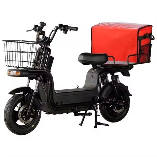 Electric delivery bike with a large insulated red food delivery box and front basket.