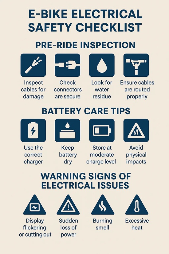 "E-bike electrical safety checklist infographic covering pre-ride inspection, battery care, and warning signs of electrical faults"
