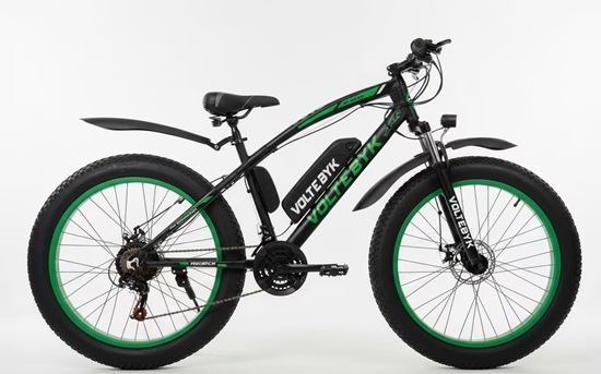 Black and green fat-tire electric mountain bike with front suspension, dual disc brakes, and a sturdy frame for versatile off-road riding.