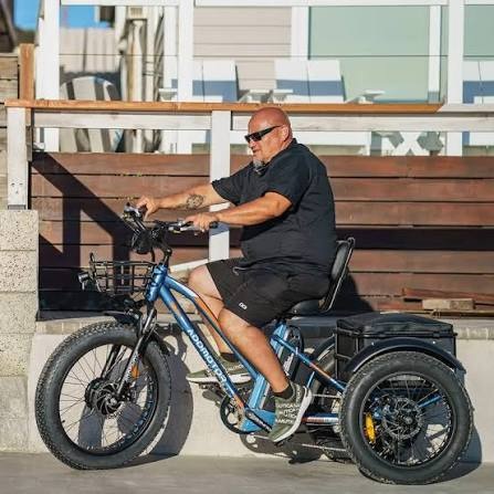 Blue three-wheel electric bike with wide tires, a comfortable seat, and rear cargo compartments designed for stable and practical senior transportation.