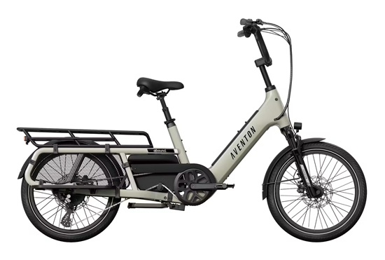 Gray Aventon electric cargo bike with rear cargo rack and protective wheel cover.