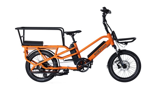 Orange electric cargo bike with a large rear passenger and cargo rack