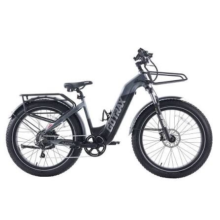 Black fat-tire electric bike with cargo racks and fenders