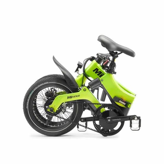 "MiRider folding smart e-bike in green, shown folded for compact storage and portability"