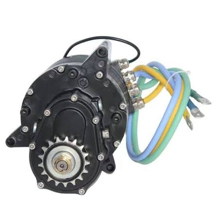 Mid-drive e-bike motor featuring a front chainring, wiring harness, and compact housing designed to deliver power through the bicycle drivetrain.