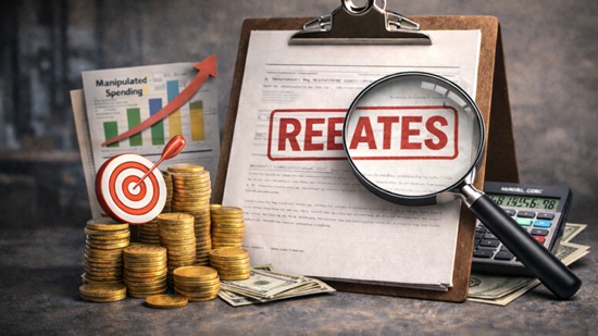 Financial rebate concept featuring a “REBATES” document, magnifying glass, stacked coins, cash, and a calculator representing savings and incentives.