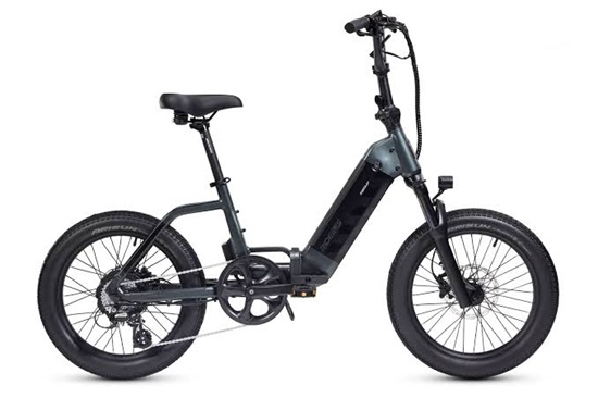 Ride1Up Portola folding e-bike with compact frame, 20-inch wheels, and front suspension.