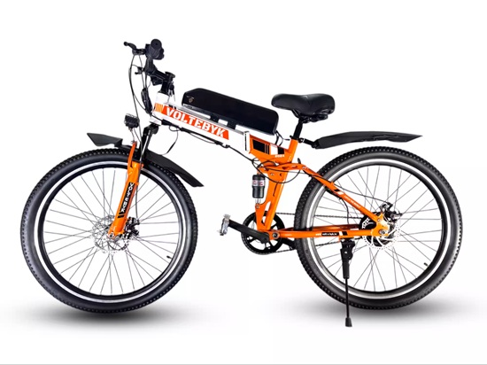 Orange electric mountain bike with a visible chain drive, suspension, battery, and wide tires.