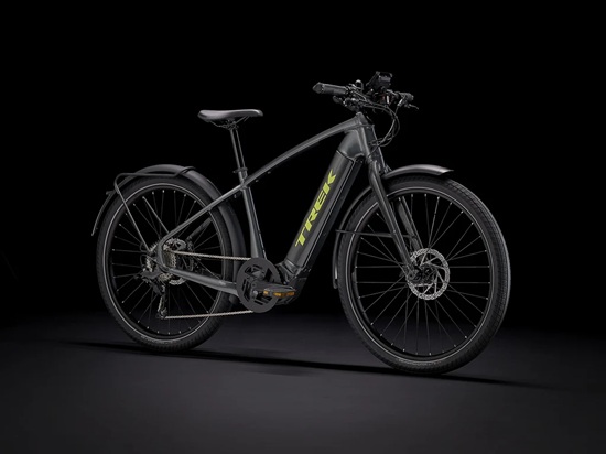Trek Allant+ 8S electric bike with an integrated battery, wide tires, hydraulic disc brakes, and a sleek design for high-performance commuting.