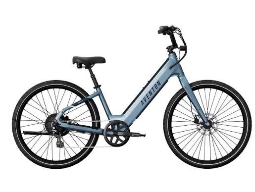 Light slate-blue step-through e-bike with a black seat and swept handlebars.
