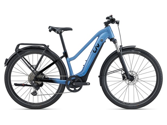 Blue step-through electric bike with front suspension fork, fenders, and rear cargo rack.