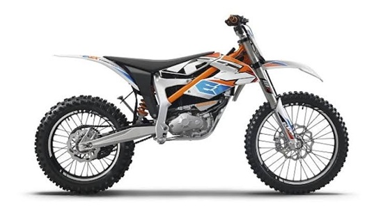 KTM Freeride E electric dirt bike, orange and white, side profile view
