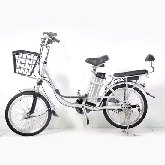 Silver second-hand electric bicycle with front basket and rear passenger seat