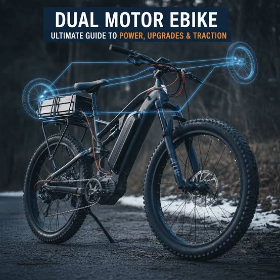 Dual motor e-bike guide graphic showing power, upgrades, and traction diagram
