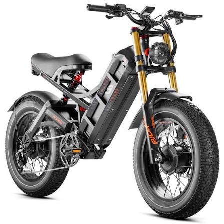 Moped-style dual motor electric bike with gold suspension forks and headlight
