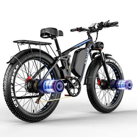 Dual motor fat tire electric bike with front and rear hub motors highlighted