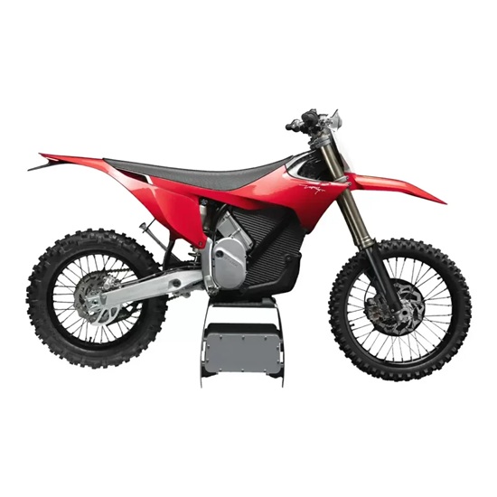 Red Stark VARG EX electric dirt bike, side view showing minimalist frame design