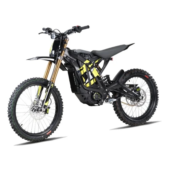Black Sur-Ron Light Bee X electric dirt bike with yellow accents, front angled view**