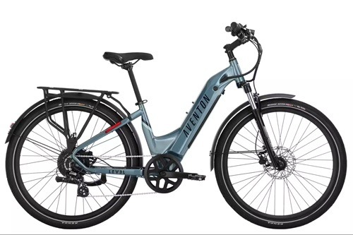 Blue-gray Aventon step-through electric bike with a black rear rack and fenders.
