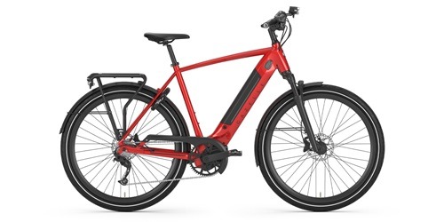 Glossy red Gazelle electric bike with a high-step frame and integrated battery.