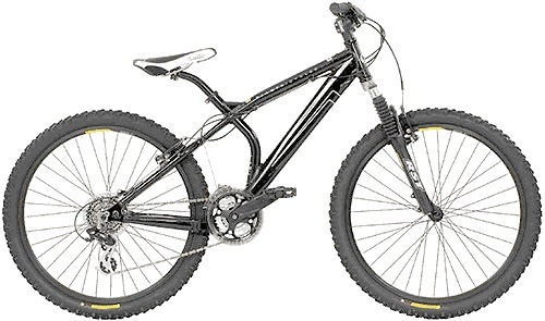 Black hardtail mountain bike with curved frame tubes, knobby tires and a white saddle.