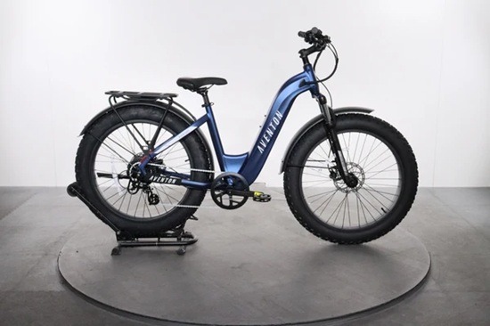 Aventon blue step-through fat tire electric bike with rear rack
