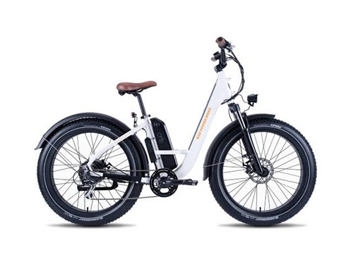 White Rad Power Bikes step-through fat-tire e-bike with a brown saddle.