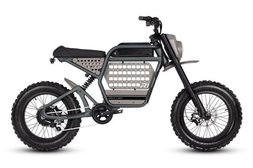 Gray-green motorcycle-style Ride1Up e-bike with fat knobby tires and a perforated side panel.
