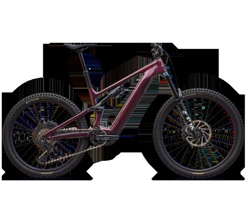 Dark burgundy full-suspension electric mountain bike with chunky Butcher tires.