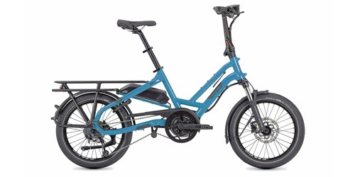Blue Tern compact cargo e-bike with small wheels and a long rear rack.