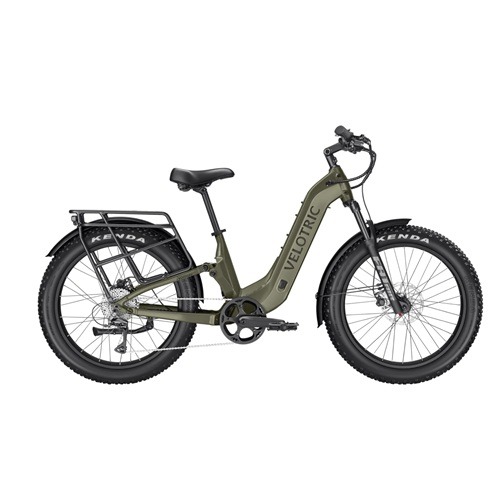 Olive-green Velotric step-through fat-tire e-bike with a rear rack and fenders.