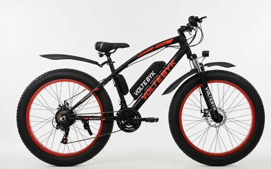 Volte Byk black and red fat tire electric mountain bike with fender guards