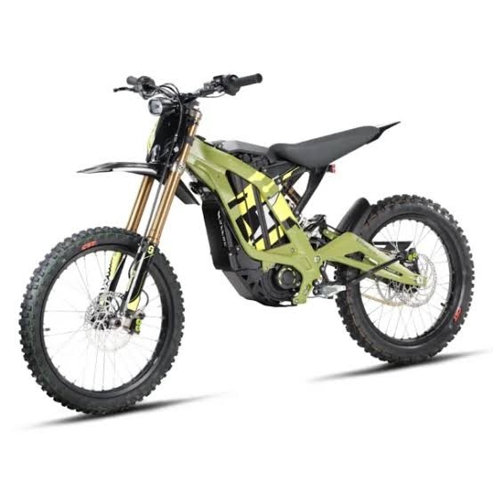 Olive green electric dirt bike with knobby tires on white background.
